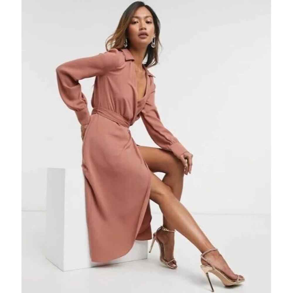 ASOS DESIGN collared wrap midi dress with tie belt in terracotta Size 2 - Picture 1 of 10